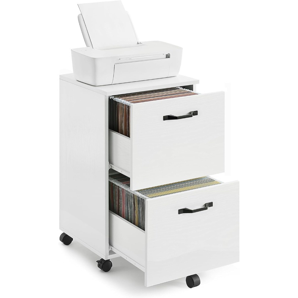 White 2-drawer rolling file cabinet with printer on top and two open drawers